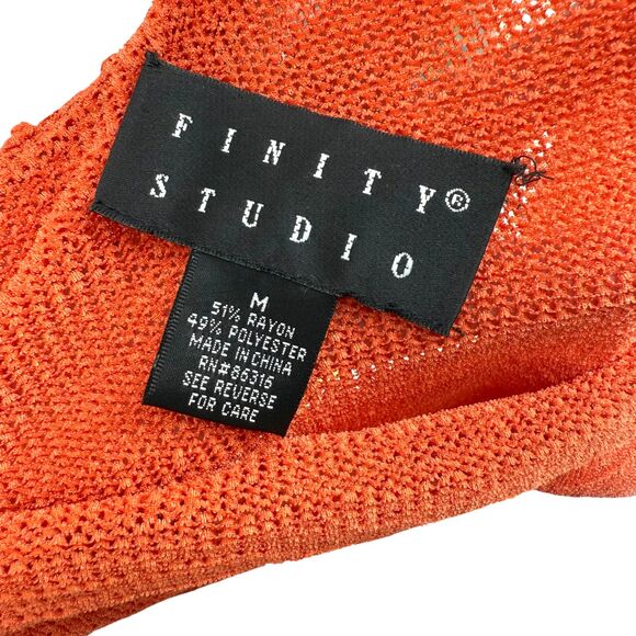 VTG Finity Studio Open Knit Top MEDIUM Orange Boat Neck Scalloped Hem 3/4 Sleeve - Picture 10 of 11